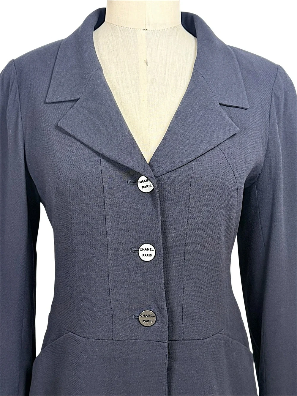 Vintage Chanel Navy Logo Button Tailored Blazer FR38